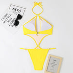 Solid Color One Piece Swimsuit Women 2026 Sexy Hollow Out Pearl Chain Bikini Halter Backless Thong Swimwear Beach Bathing Suit