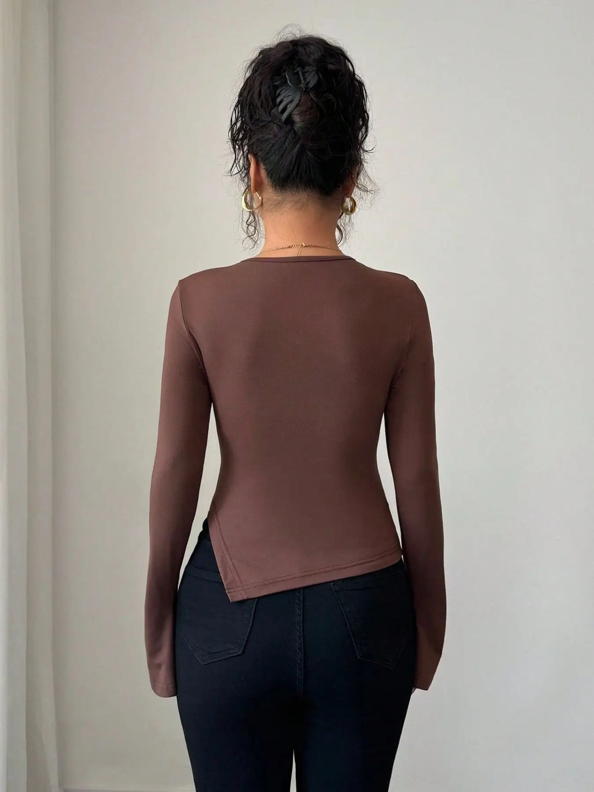 Autumn and winter inner asymmetrical hollow metal decoration slim fit daily outer top