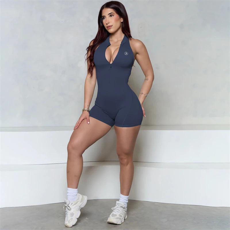 Allure The Brand Sleeveless ZIPPER Scrunch Butt Romper Women Sporty Jumpsuit Lycra Short Fitness Gym Overalls Workout Clothes
