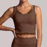 Sexy Fake Two-piece Yoga Tank Top Naked Feel Lace Trim V Neck High Stretch with Bra Pads Gym Running Fitness Dance Tank Top