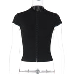 FDYOUI Y2K Streetwear Covered Buttons Black T-shirts for Women Sexy Fashion Short Sleeve Corset Ladies Slim Crop Tops Tee Shirt