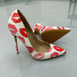 white lipstick Lips Printed High Heel Shoes 12cm 10cm 8cm Pink Colorized Shallow Dress Pumps Pinted Toe Slip-On Banquet Heels