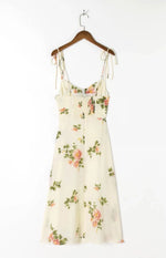 Spaghetti Strap Lace Up Beige Chiffon Summer Dress Sexy Slip Midi Sleeveless Dress Robe Big Flower Print Women Beach Dress Boho
