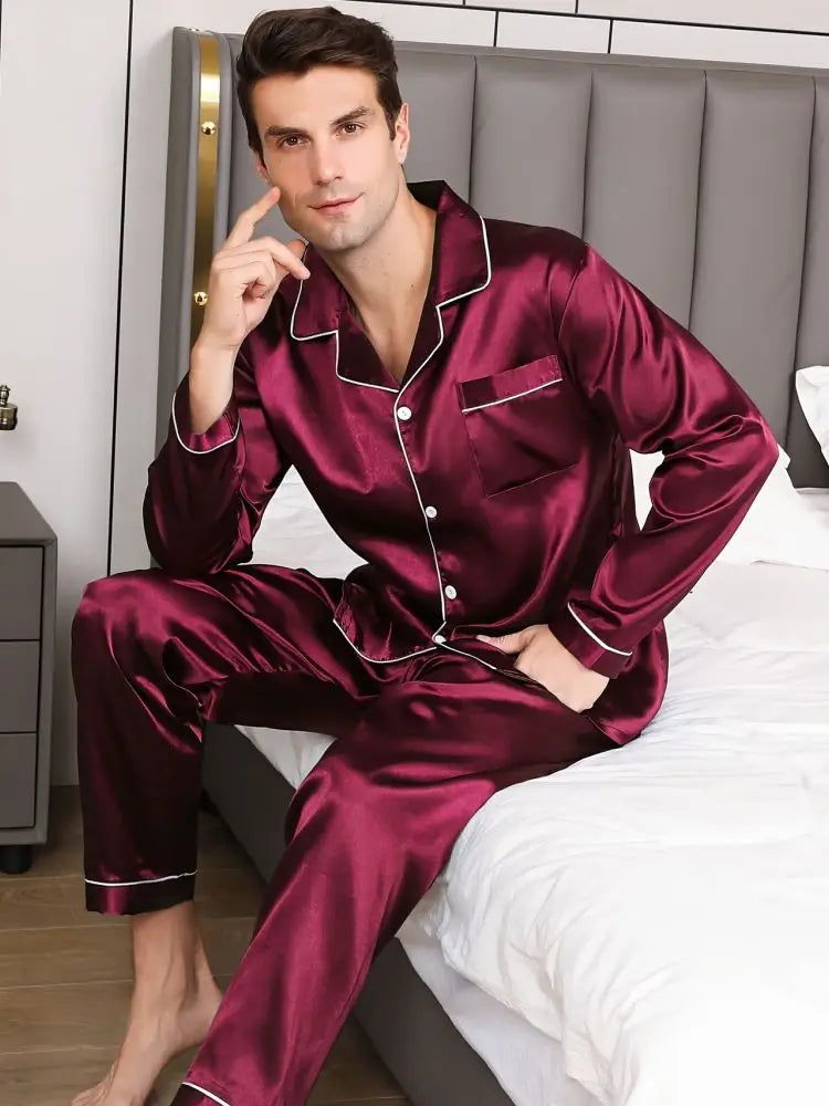 Ice Silk Pajama Sets for Men Sleepwear Satin Shirt Long Sleeve Tops and Long Pants Male Home Night Wear Plus Size Loungewear
