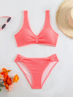 2026 Summer New Women's 2 Piece Swimsuit Solid Color High Waist Bikini Set V-neck Backless Beach Vacation Bathing Suit Swimwear