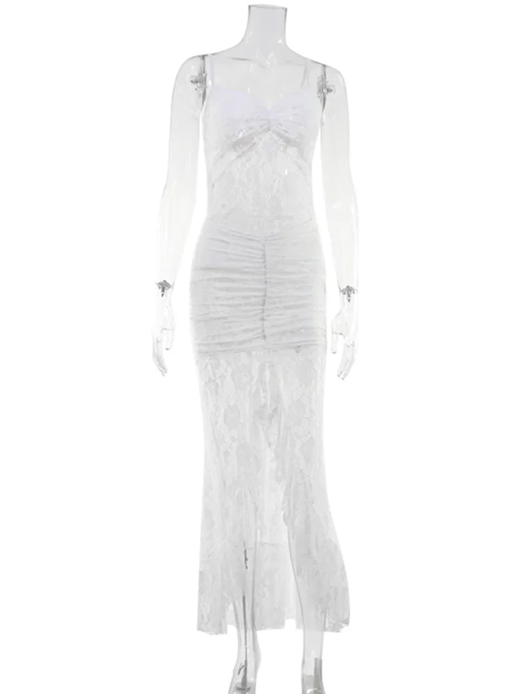 Ahagaga Elegant Lace Women Maxi Dresses Strapless Sheer Sexy Folds Solid Asymmetrical V-Neck Vestidos Robe Sheath Slim Fit Party
