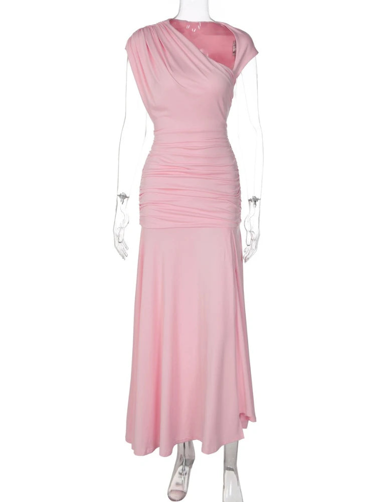 FDYOUI 2026 Summer Diagonal Collar Sleeveless Birthday Dress Women Sexy Tunics Pleated Solid Long Party Dresses Pink Black Gown