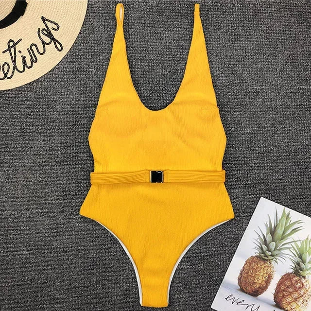 V Neck Ribbed High Leg Cut Women Swimwear One Piece Swimsuit Female Backless Monokini Bather Waist Belt Bathing Suit Swimwear