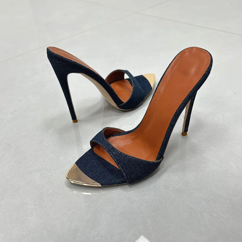 Denim Women Slippers Metal Decoration Pointed Toe Mules Shoes Women Super-high Heel Gladiator Sandals Sexy Luxury Women's Shoes