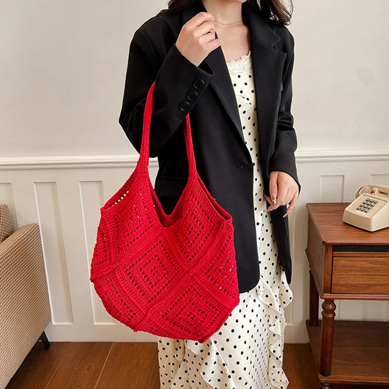 Yarn Hollow Out Large Capacity Shoulder Bags Summer New Ladies Bags Casual Soft Versatile Women's Handbags