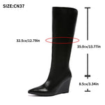 Fashion Wedge High Heels Long Boots Women Plus Size Pu Leather Knee High Botas Mujer Sexy Punk Black Pointed Toe Boots Woman