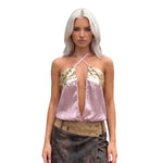 Women Gold Embellished Sheer Chiffon Open Front Camisole Summer Boho Sequin Halter Neck Crop Top for Party Festival
