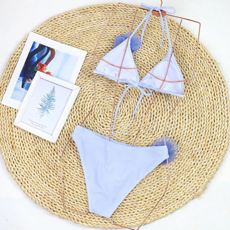 3D Floral Print Brazilian Micro Bikini Set Solid Color Sexy Women's Biquini Beachwear Swimming Suit for 2025