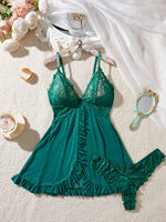 Sexy Lace Lingerie Set for Women, Red Hot Sleepwear Nightdress with Matching Panties, V-Neck Sheer Lace Camisole, Romantic Night