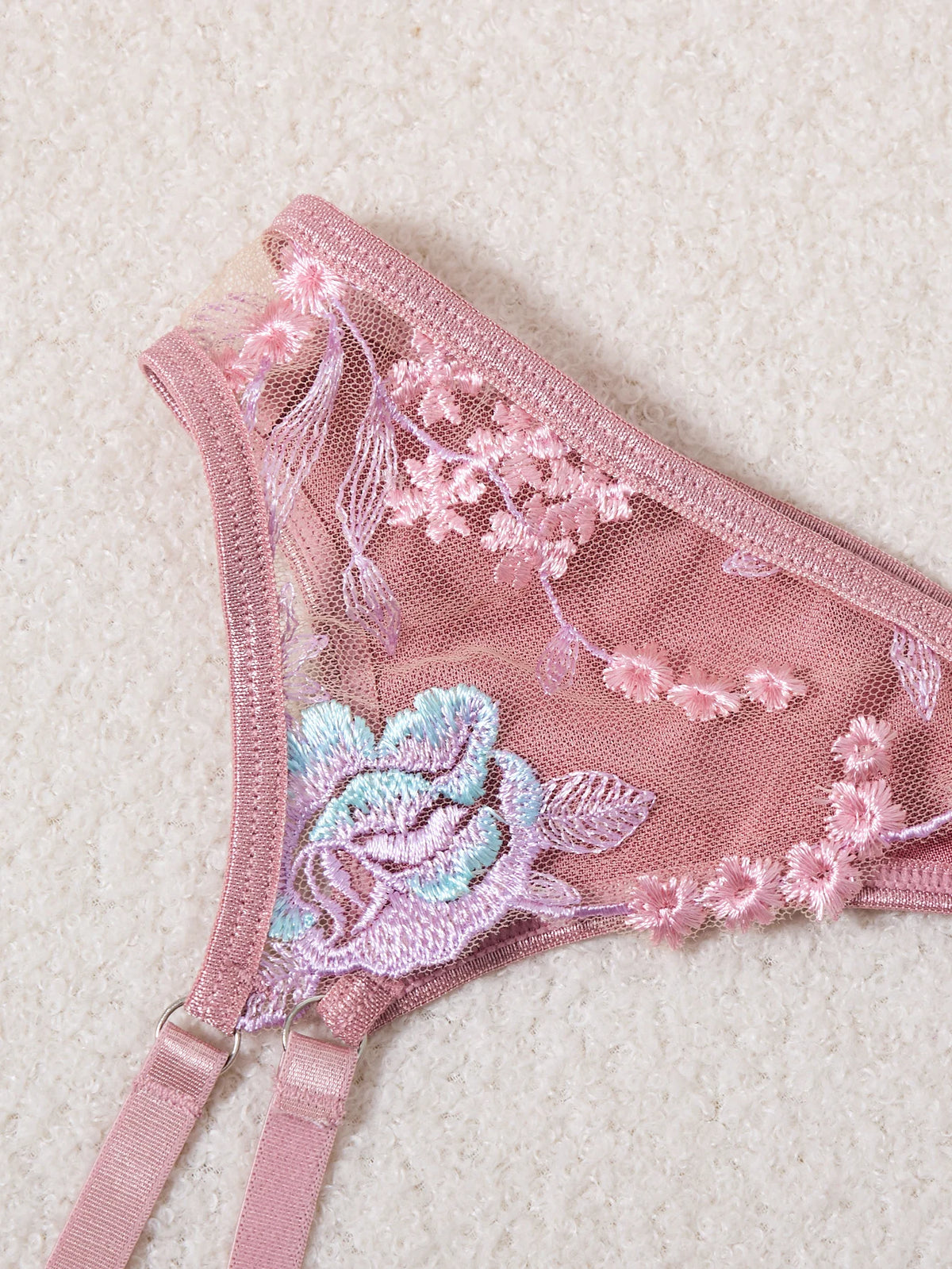 French Romantic Pink Satin Embroidered Lingerie Set Bra + Thong + Stockings Three-Piece Set