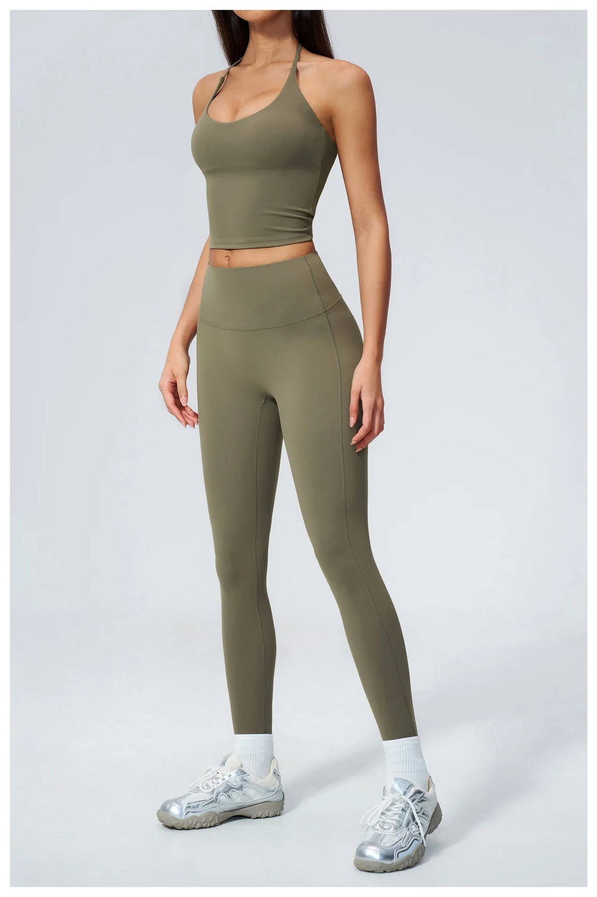 Women Tracksuit 2PCS Seamless Yoga Sets Hanging V Neck Slim Sports Tank Top Fitness Outfits Gym Running High Waist Leggings Suit