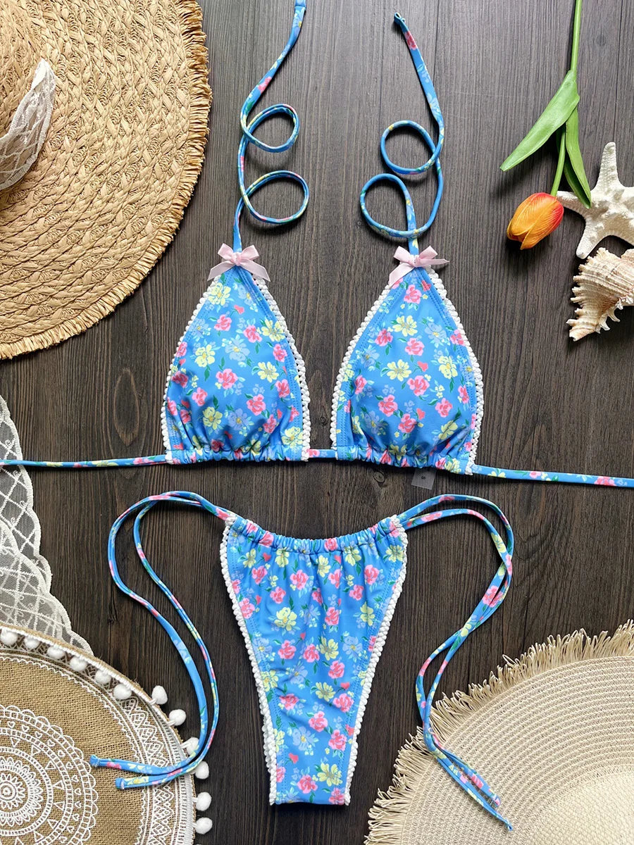 2025 Floral Printed Halter Bikini Female Swimsuit Women Swimwear Two-pieces Bikini set Strappy Bow Bather Bathing Suit Swim Lady