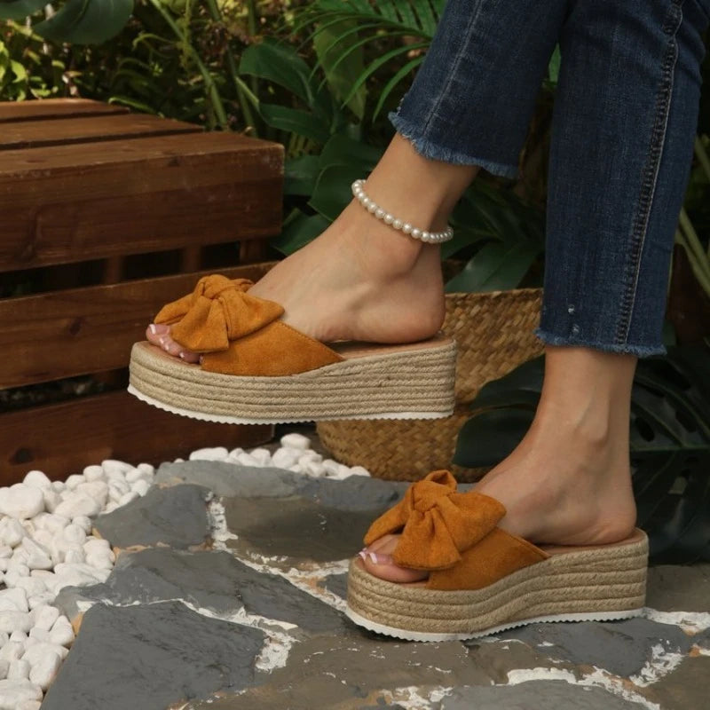Summer New Large Size Slip-On Sandals Women's Thick Heel Outdoor Wear Butterfly Knot Flat Toe Open Beach Slippers