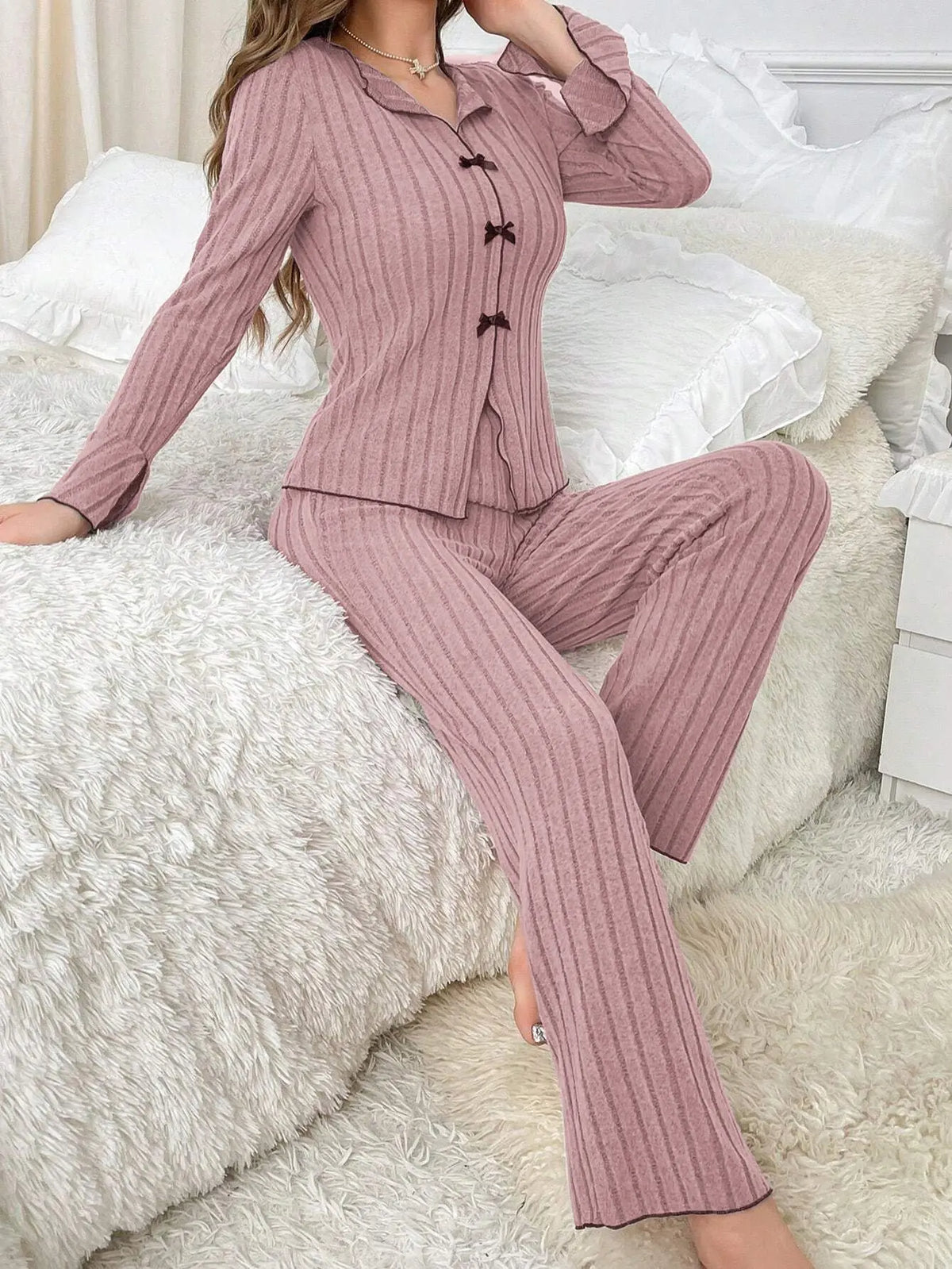Autumn Winter Warm Sleepwear Woman Lapel Bow Fashion Long Sleeve T-shirt Tops and Trousers Sets Home Wear Pajamas Set