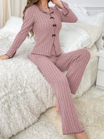 Autumn Winter Warm Sleepwear Woman Lapel Bow Fashion Long Sleeve T-shirt Tops and Trousers Sets Home Wear Pajamas Set