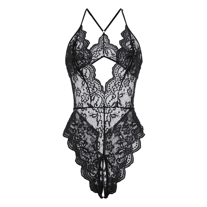 Women Sexy Lace Teddy Lingerie Deep V Mesh Sheer Bodysuit Backless Crotchless One Piece Babydoll Nightwear