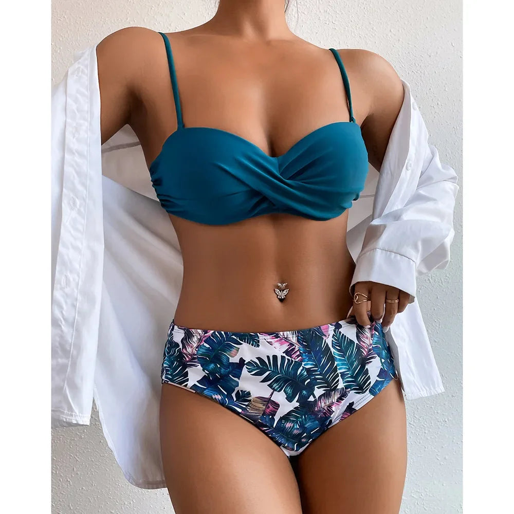 Print Bandeau Bikini Swimsuit Women Push Up Bikini Set Swimwear Female High Waisted Bathing Suit Beach Wear Brazilian Biquini