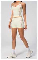2PCS Women Yoga Sets Color Contrast Hanging Neck V Neck Slimming Sports Tank Top Flip High Waist Shorts Gym Running Fitness Suit