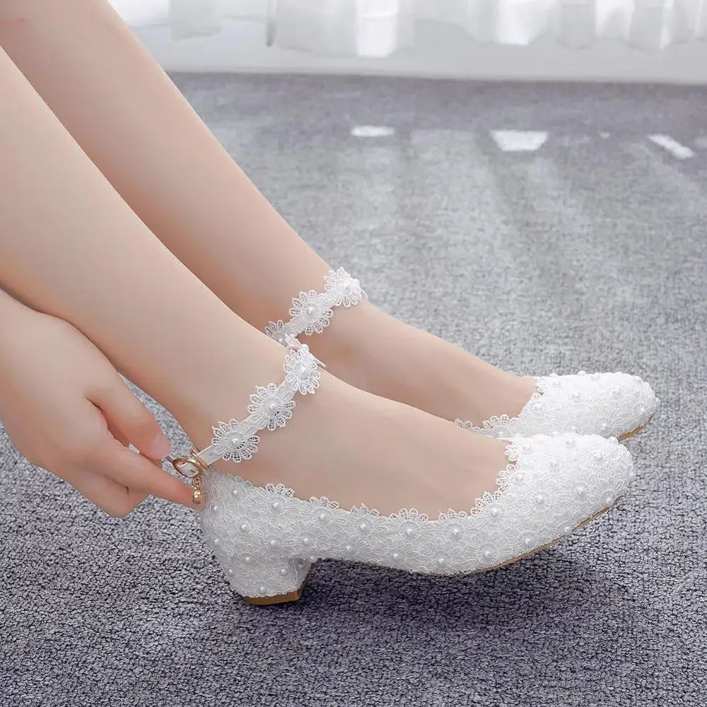 Women 3CM High Heels White Lace Pearl Wedding Shoes Sexy Bride PartyPointed Toe Shallow Mouth Pumps Shoe BridesmaidPink