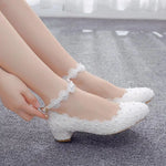 Women 3CM High Heels White Lace Pearl Wedding Shoes Sexy Bride PartyPointed Toe Shallow Mouth Pumps Shoe BridesmaidPink