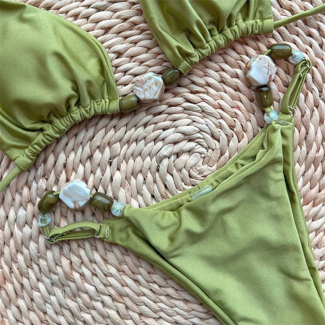 Sexy Shiny Halter High Leg Cut Bikini Women Swimwear Female Swimsuit Two-Pieces Bikini Set Padded Bather Bathing Suit Swim V6601