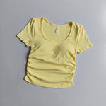 Big round Neck Yoga T-Shirt Short-Sleeved Slimming Sports Top with Fixed Chest Cushion for Running Pilates Summer Stretch