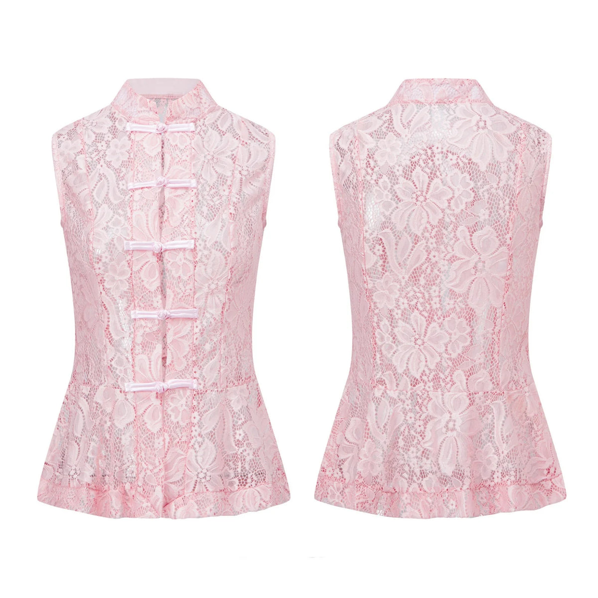 2026 Summer Women's Retro Lace Tops Elegant Mandarin Collar Chinese Frog Buttons Peplum Sleeveless Vest Blouses