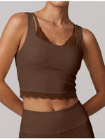 Sexy Fake Two-piece Yoga Tank Top Naked Feel Lace Trim V Neck High Stretch with Bra Pads Gym Running Fitness Dance Tank Top