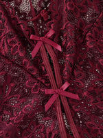 Date-specific Deep V cut WineRed lace one-piece dress. Lightweight sheer cross-strapped women's sexy lingerie set.