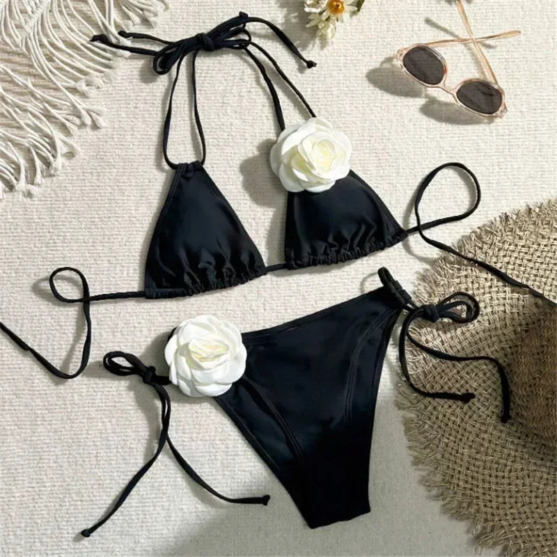 Sexy 3D Flower Black Triangle Bikinis Sets Micro Thong Swimsuit Women String Halter Bathing Suit Bikini 2026 Mujer Biquinis Swim