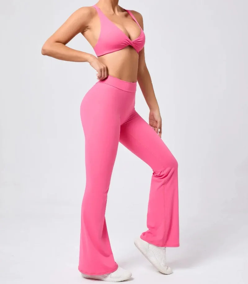 Women's Seamless Yoga Sets Brushed Fabric Flared Hip-Lifting Pants Cross Beauty Back Bra Suits Gym Workout Fitness Training Sets