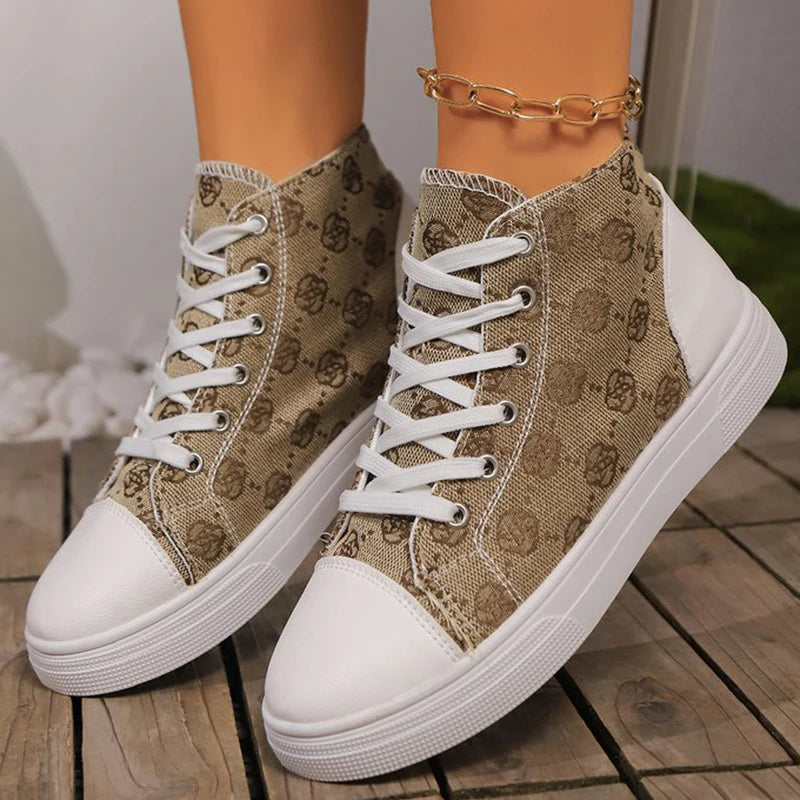 Fashion Flower Embroidery Canvas Shoes Women Spring Autumn Lace Up High Top Canvas Shoes Woman Round Toe Flats Sneakers Female