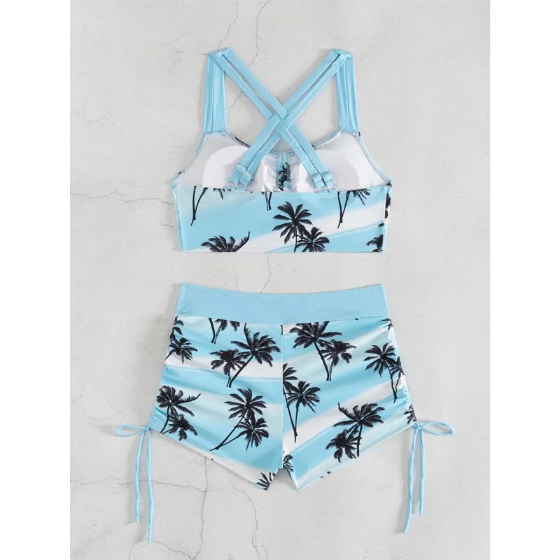 Women's Bathing Suits Two Piece Coconut Tree Print Tankini Swimsuit Woman Summer Sexy Beach Wear Separate Swimwear Female Shorts