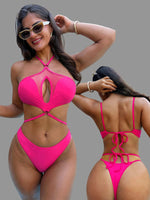 Sexy Hot Pink Mesh Patchwork Swimwear Women Hollow Out Backless Triangle Bikini Bathing Suit Holiday One Piece Swimsuit2026