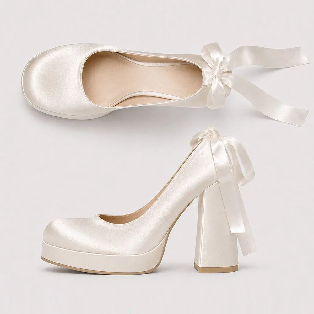 Size 42 Elegant Pink Satin Platform Block Heel Pumps Black Ribbon Wrap Ballerina Bow Wedding Party Dress Heels Shoes Women