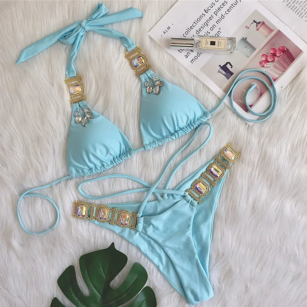 Sexy Rhinestones Thong Bikini Women Green Push Up Glitter Diamond Band 3 Piece Swimsuit Chain Metal Bathing Suit Luxury Swimwear