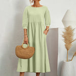 Womens Casual Summer Cotton Dress With Pockets 3/4 Sleeve Loose Midi Shirt Dress Women Dresses With Short Sleeves Vestidos