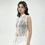 Women's Solid Color Lace Tank Tops Mandarin Collar Sleeveless Frog Buttons Summer Vest