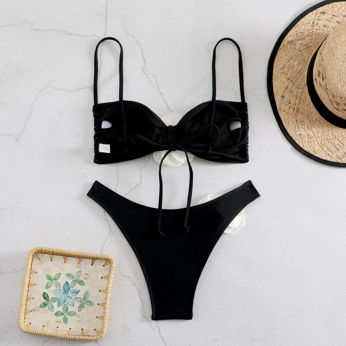 Sexy 3D Flower Micro Bikini 2024 Women Black White Patchwork Push Up Swimsuit Biquini Summer Bathing Suit Triangle Mini Swimwear