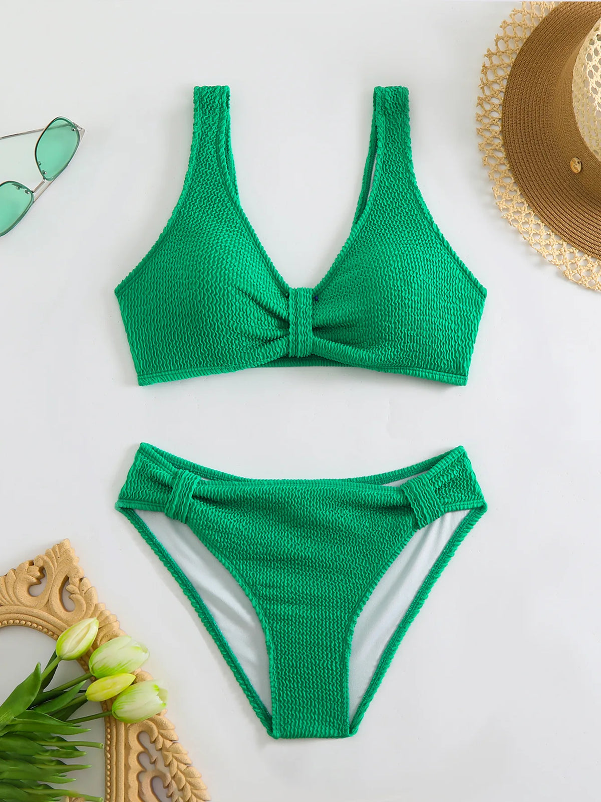 2026 Summer New Women's 2 Piece Swimsuit Solid Color High Waist Bikini Set V-neck Backless Beach Vacation Bathing Suit Swimwear
