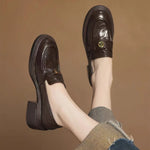 Retro Leather Thick Bottom Slip-On Loafers Women's Shoes round Toe Flat Heel Summer Pure Color Rubber Sole Comfortable Footwear