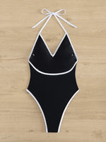 Sexy Deep V Neck One Piece Swimsuit 2025 Women Black Contrast Push Up Backless Slim Tummy Control Swimwear Beach Pool Bather