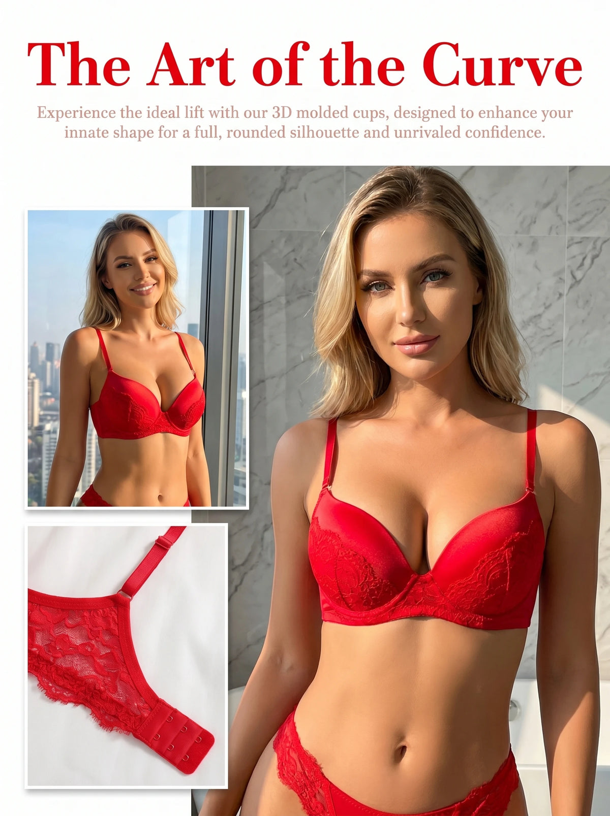 Women Red Lace Lingerie Set Floral Bra and low-rise thong Sheer Sexy Weekend Date Night Underwear J2527