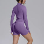 Women's Seamless Yoga Sets Sports Fitness Gym Zipper Long-Sleeve Jacket Hip Lift High-Waist Shorts Suits Workout Training Sets