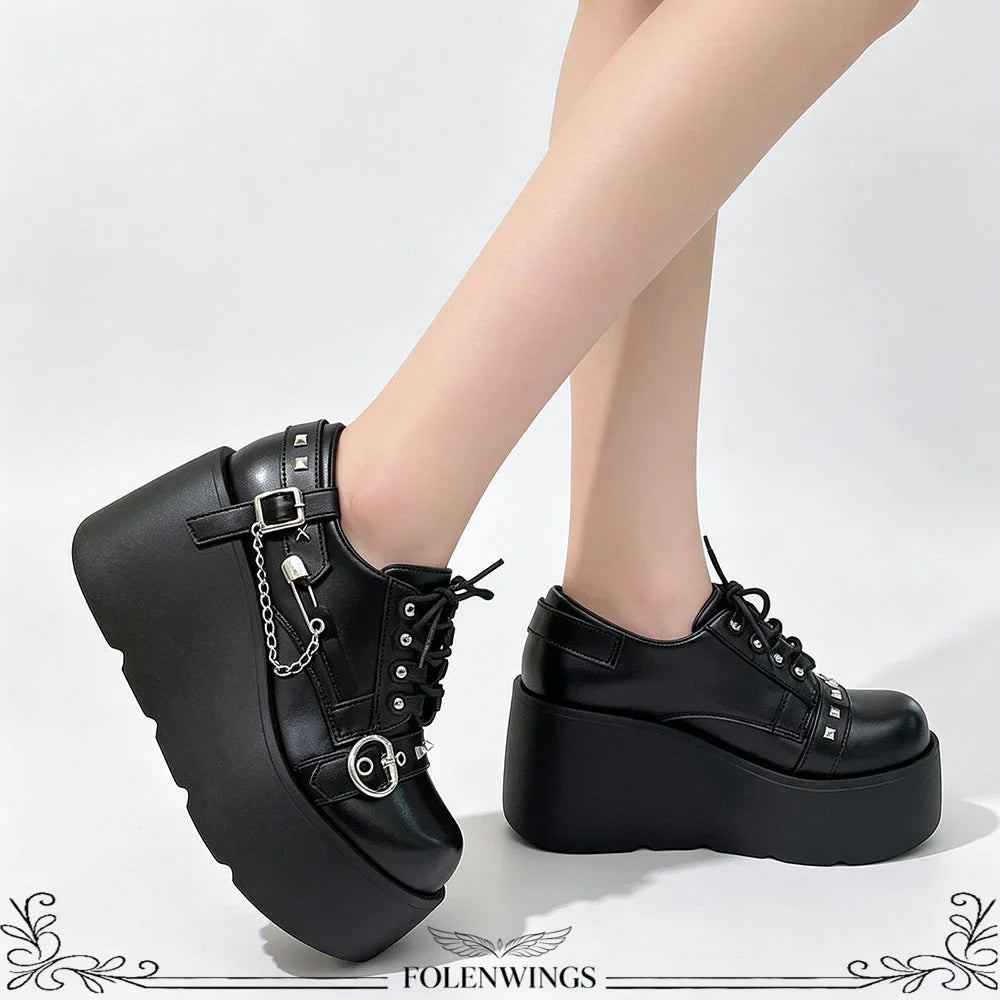 New Arrival Gothic Black Rivets Platform Creepers Shoes White Chain Decor Goth Creepers Chunky Lace Up Lolita Casual Shoes